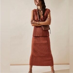 Free People Veda Set - Cinnamon Rust Ribbed Knit Midi Skirt and Top
